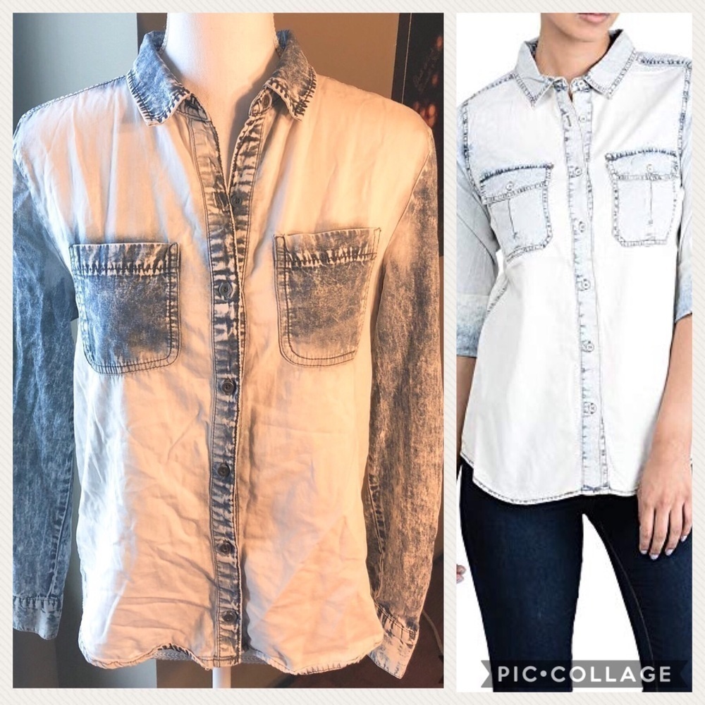 Ci Sono Distressed Denim Button Down Shirt Medium